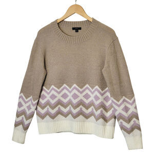 J. Crew Chevron Knit Sweater Round Neck Long Sleeve Tan Cream Relaxed XS Preppy